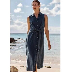 J. Jill Love Linen Midnight Blue Tie-Front Linen Midi Shirt Dress Size Large NWT